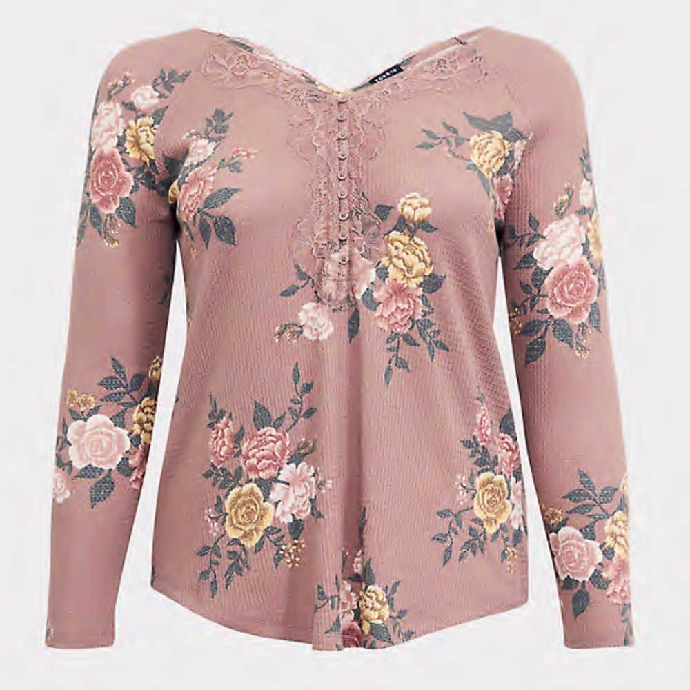 Floral Lace-Trim Long Sleeve Top - Dusty Rose